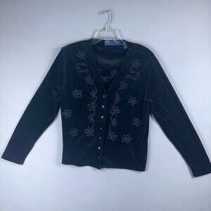 Karen Scott Velvet Cardigan Jacket with Matching Top Womens Size M Floral Blue